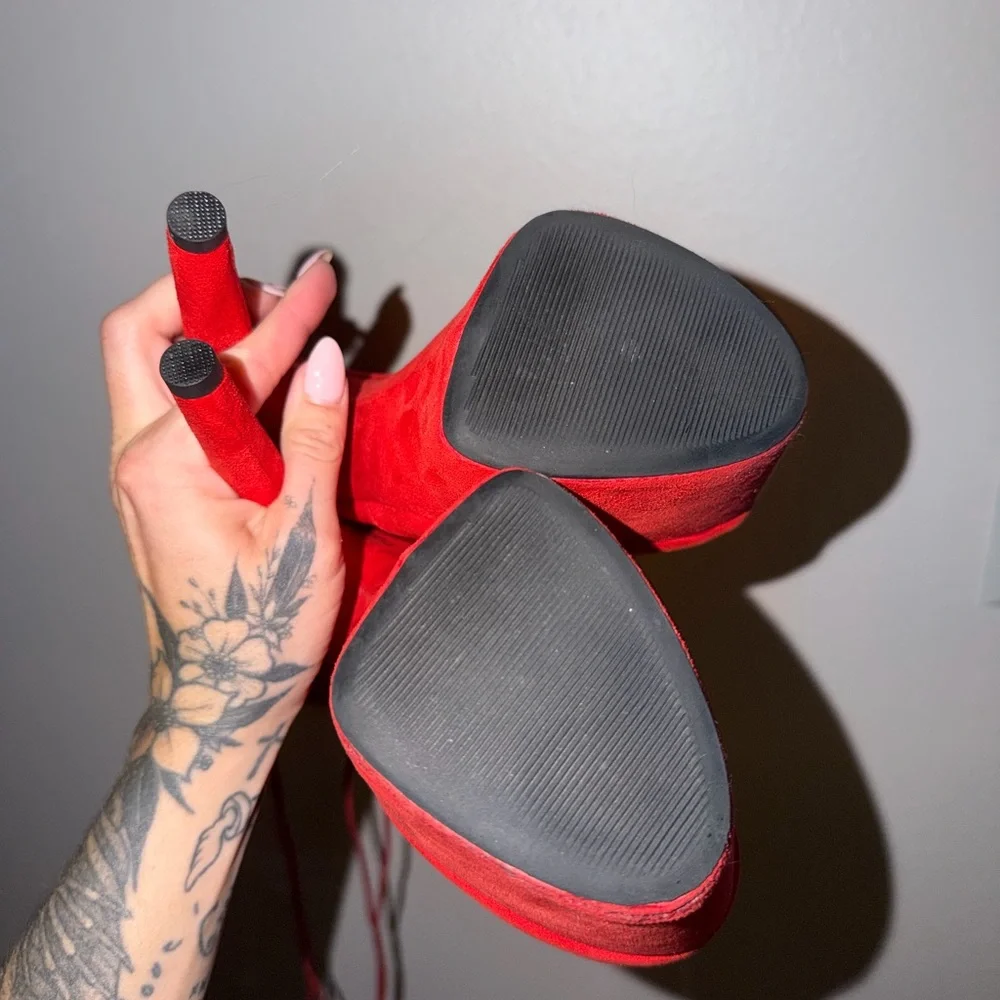 Red Lace-Up Platform Stiletto Boots with Flame Stitching